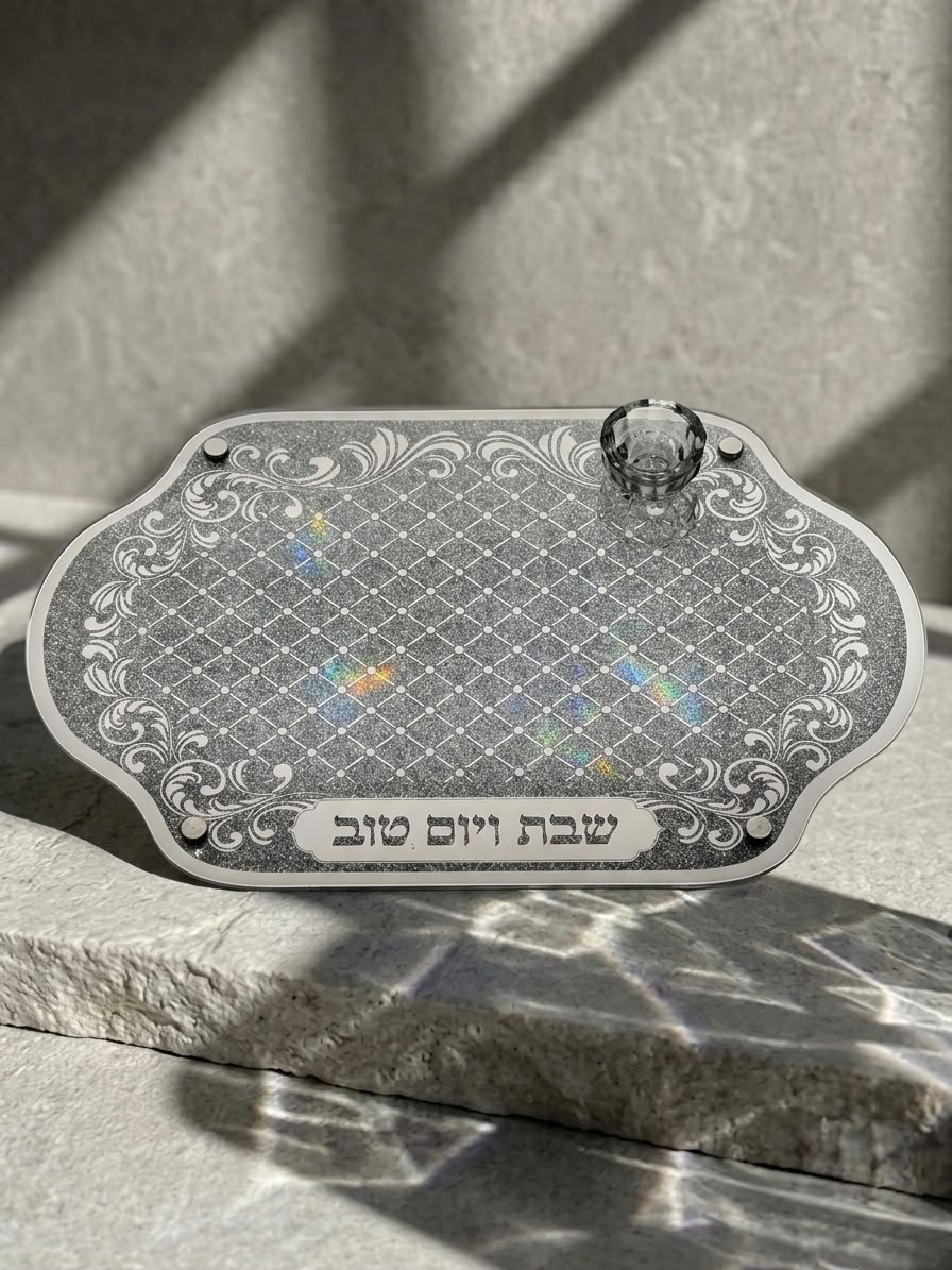 319aaca9-c589-4ac3-bf56-04c0bfc7b0f9 מגש זכוכית מהודר לחלה דגם "שבת ויום טוב"- כסף – תמונה 1